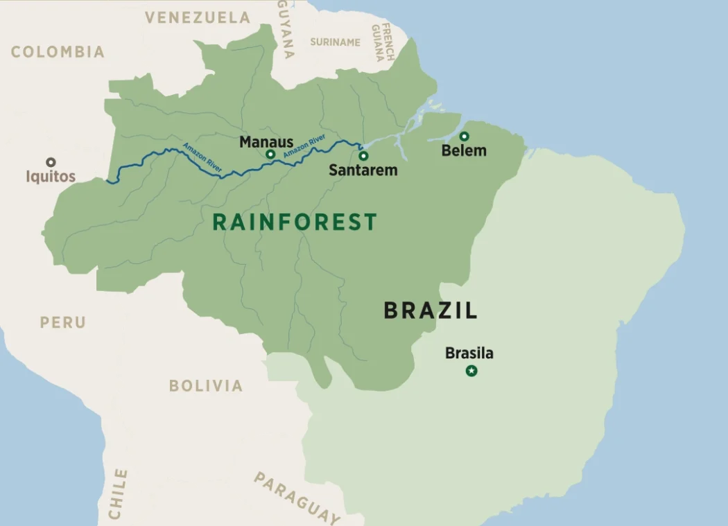 Mapa porekla Copaiba ulja — regioni Amazonije gde raste drvo Copaifera