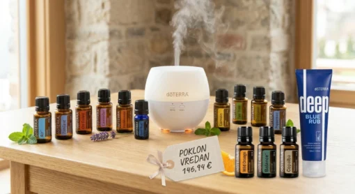 Kućna apoteka eteričnih ulja doTERRA – difuzer, 13 eteričnih ulja i Deep Blue krema