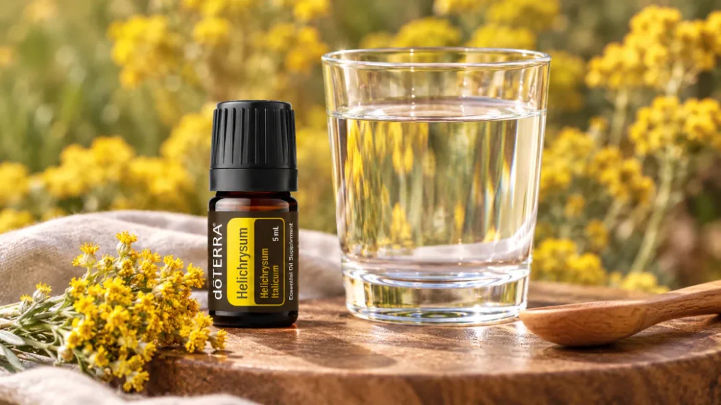 doTERRA Helichrysum ulje smilja u bočici od 5 ml pored čaše vode i suvih žutih cvetova smilja
