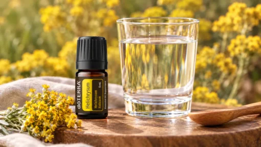 doTERRA Helichrysum ulje smilja u bočici od 5 ml pored čaše vode i suvih žutih cvetova smilja
